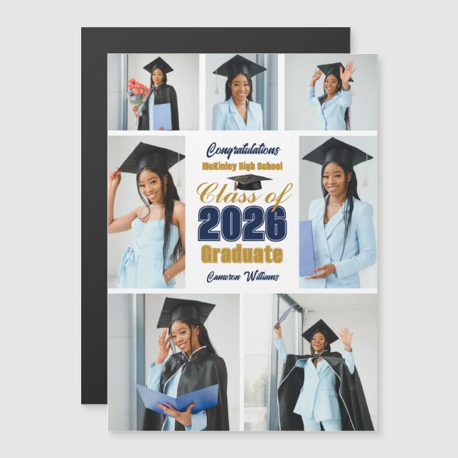 Navyblå Guld 2026 Fotokollage Graduate Magnet (Fram/baksida)