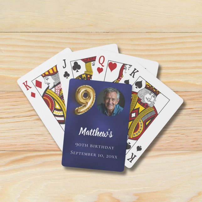 Navyblå guld 90-års fotobursdagskalas casinokort (Skapare uppladdad)
