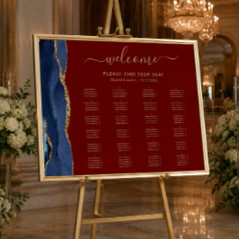 Navyblå Guld Agat Burgunder Röd Bröllopsplatskarta Poster