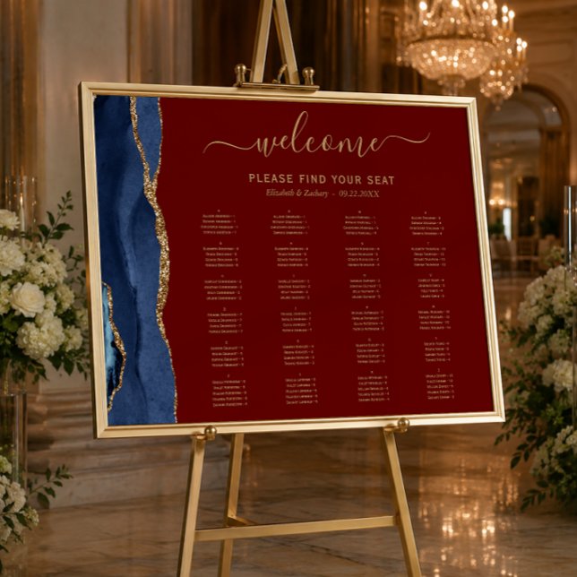 Navyblå Guld Agat Burgunder Röd Bröllopsplatskarta Poster (Skapare uppladdad)
