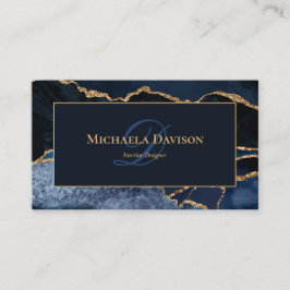 Navyblå Guld Agat Monogram Elegant Visitkort