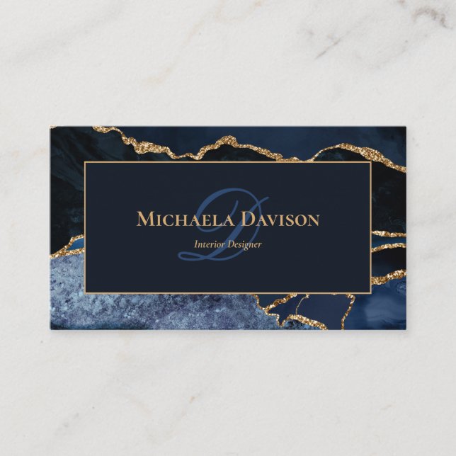 Navyblå Guld Agat Monogram Elegant Visitkort (Framsida)