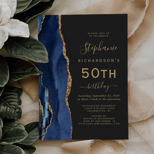 Navyblå Guld Agat Mörk 50-årsfest Inbjudningar (Skapare uppladdad)