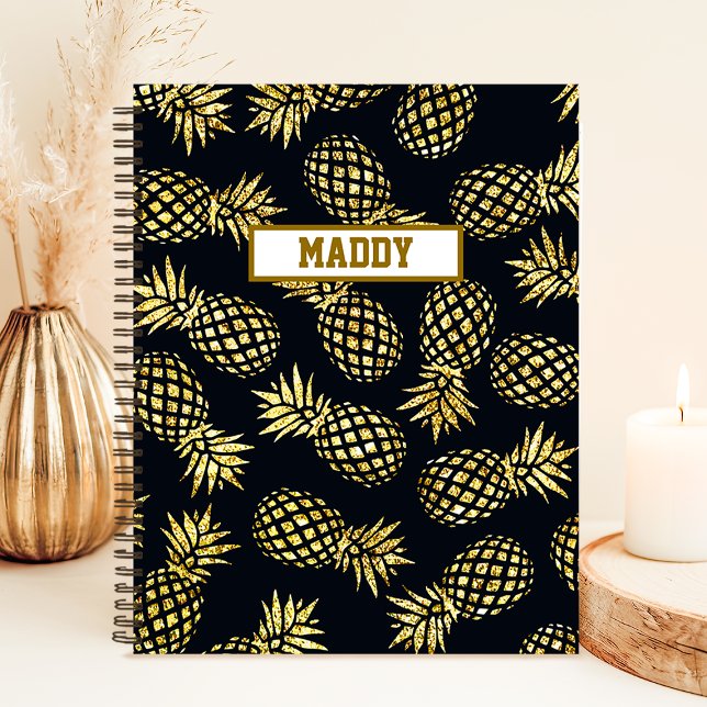 Navyblå Guld Ananas Mönster Monogram Anteckningsbok (Skapare uppladdad)