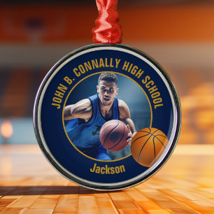 Navyblå Guld Basketspelare Foto Jul Julgransprydnad Metall