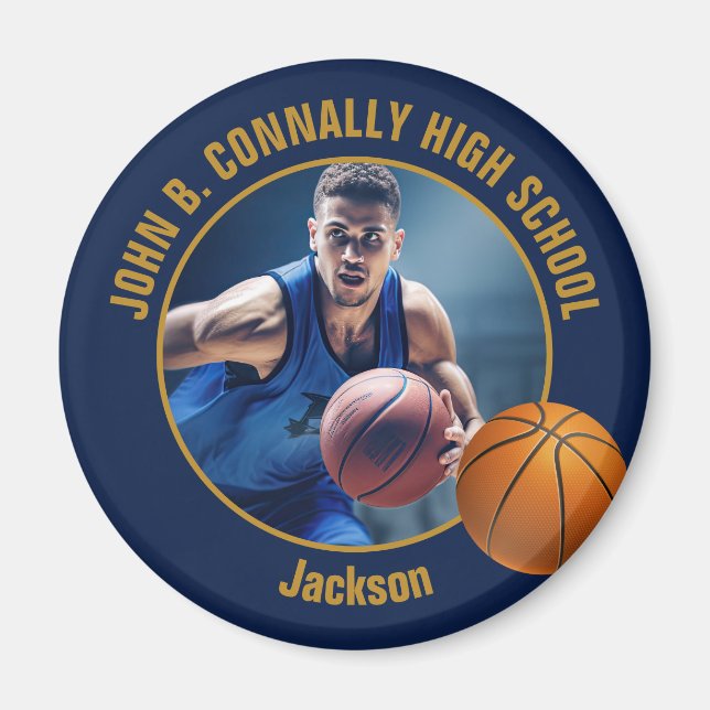 Navyblå Guld Basketspelare Foto Magnet (Framsidan)