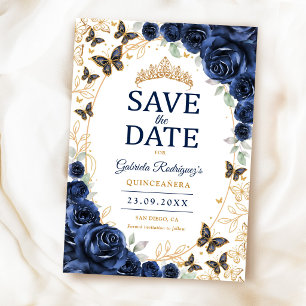 Navyblå Guld Blommig Quinceanera Spara Datumet
