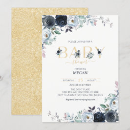 Navyblå & Guld Boho Blommig Bebis Shower Inbjudningar