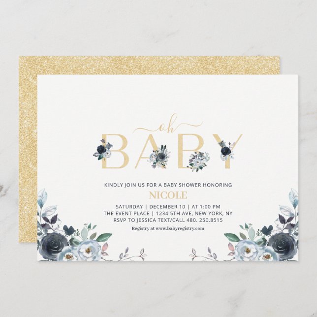Navyblå & Guld Elegant Boho Blommig Bebis Shower Inbjudningar (Fram/baksida)