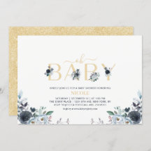 Navyblå & Guld Elegant Boho Blommig Bebis Shower