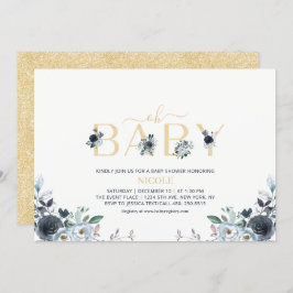 Navyblå & Guld Elegant Boho Blommig Bebis Shower Inbjudningar