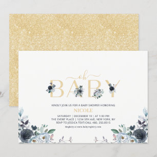 Navyblå & Guld Elegant Boho Blommig Bebis Shower Inbjudningar