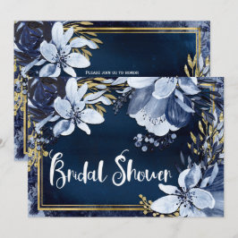 Navyblå & Guld Elegant Modern Akvarellblomma Inbjudningar