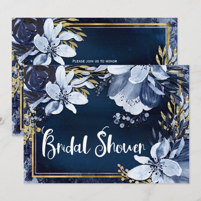 Navyblå & Guld Elegant Modern Akvarellblomma Inbjudningar (Fram/baksida)
