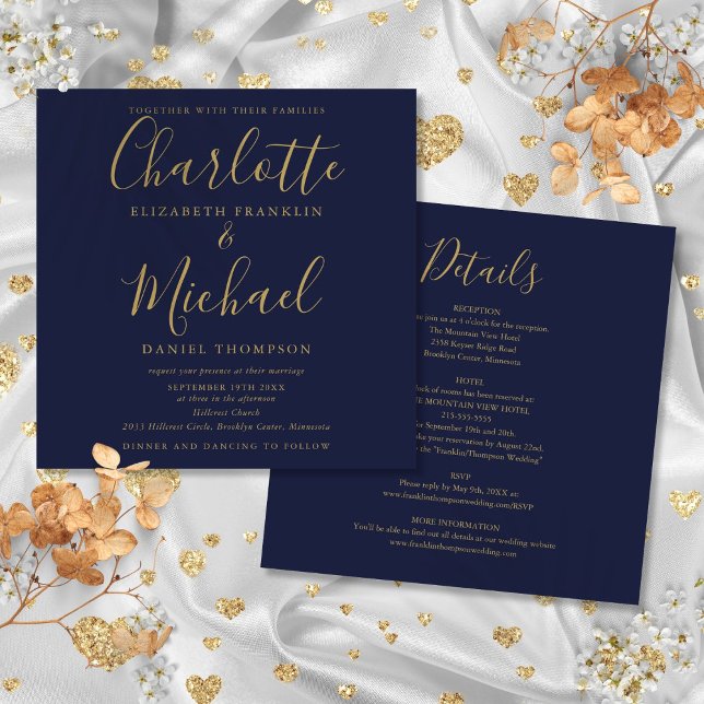 Navyblå guld elegant skrivstil Allt-i-allt-bröllop Inbjudningar (Navy Blue Gold Elegant Script All In One Wedding Invitation)