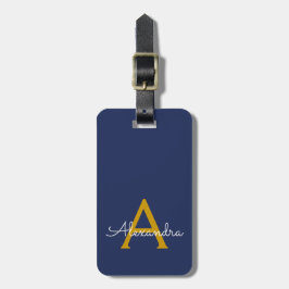 Navyblå Guld Feminint Skript Monogram Namn Modern Bagagebricka