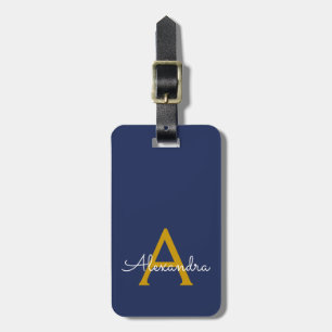 Navyblå Guld Feminint Skript Monogram Namn Modern Bagagebricka