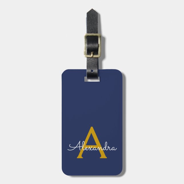 Navyblå Guld Feminint Skript Monogram Namn Modern Bagagebricka (Vertikal Framsida)