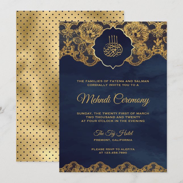 Navyblå Guld Folie Spets Islamisk Mehndi Inbjudningar (Fram/baksida)