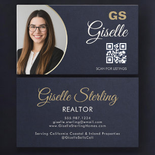Navyblå Guld Foto Fastighetsmäklare QR-kod Skiffer Visitkort
