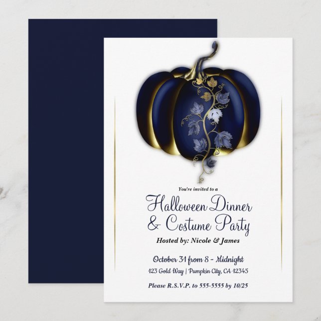 Navyblå Guld Glamour Pumpa Halloween Middagsparty Inbjudningar (Fram/baksida)