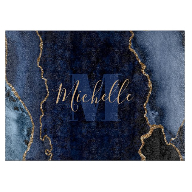 Navyblå & Guld Glitter Mermor Agat Monogram (Framsidan)
