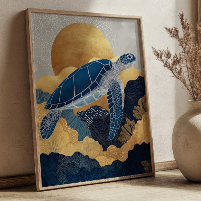 Navyblå & Guld Havssköldpadda Kintsugi Undervatten Poster (Skapare uppladdad)