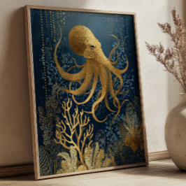 Navyblå & Guld Kintsugi Bläckfisk Undervatten Poster