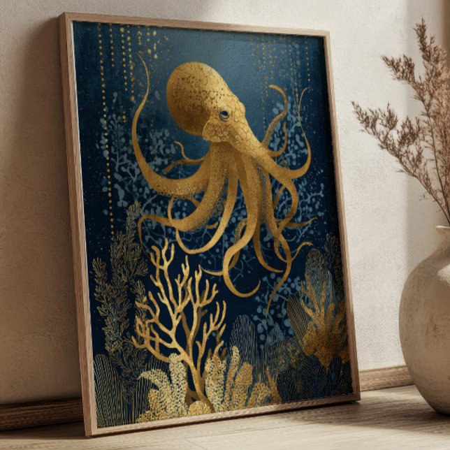 Navyblå & Guld Kintsugi Bläckfisk Undervatten  Poster (Skapare uppladdad)