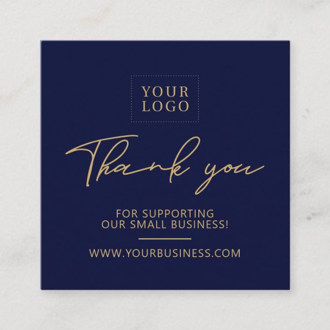 Navyblå & Guld Logotyp Förpackning Tack Fyrkantigt Visitkort (Framsida)