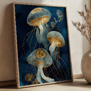 Navyblå & Guld Maneter Kintsugi Bläckkonst Ocean Poster