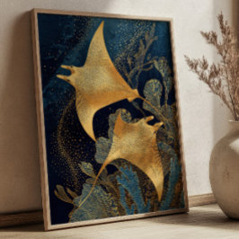 Navyblå & Guld Manta Rockor Elegant Kintsugi Konst Poster