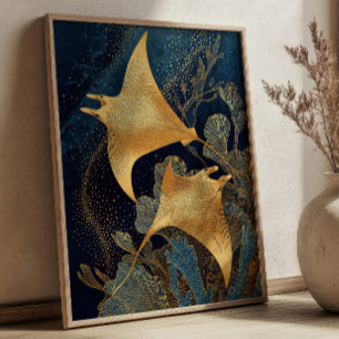 Navyblå & Guld Manta Rockor Elegant Kintsugi Konst Poster