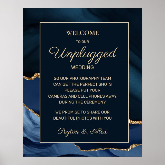 Navyblå Guld Marmor Agat Oansluten Bröllop Poster (Framsidan)