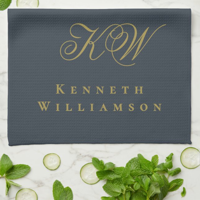 Navyblå Guld Monogram Namn Minimalistisk Chic Män  Kökshandduk (Vikta)