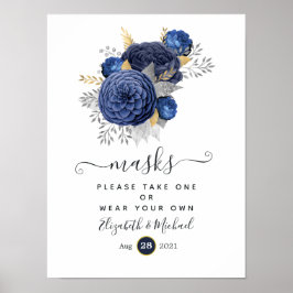 Navyblå, guld- och silverblommiga bröllopsansiktsm poster