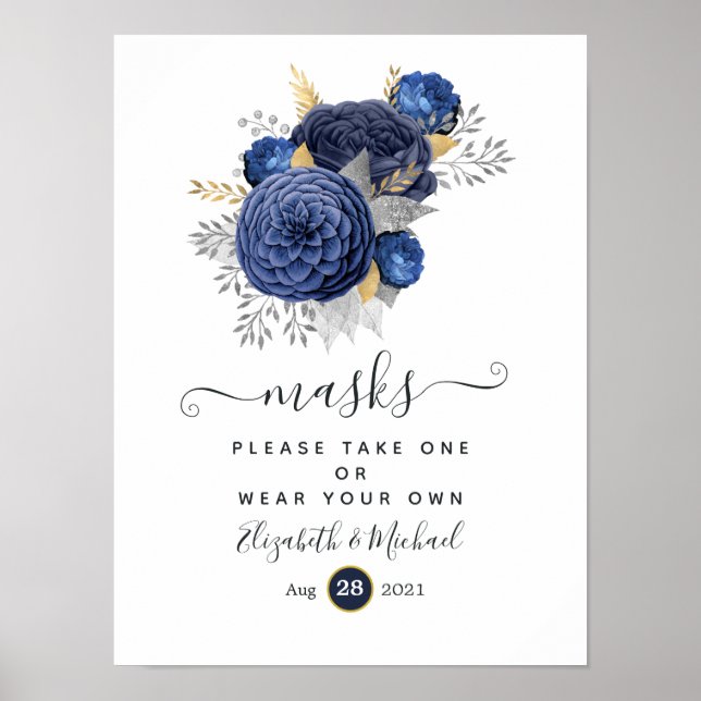 Navyblå, guld- och silverblommiga bröllopsansiktsm poster (Framsidan)