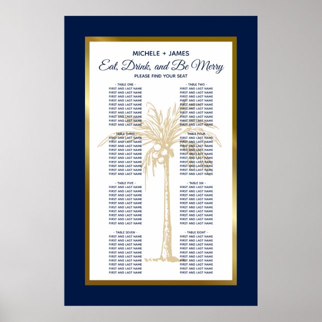 Navyblå Guld Palm Tropisk Bröllopsställningskarta Poster (Framsidan)
