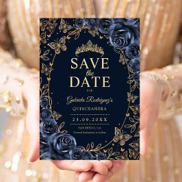 Navyblå Guld Quinceanera Blommig Spara Datumet
