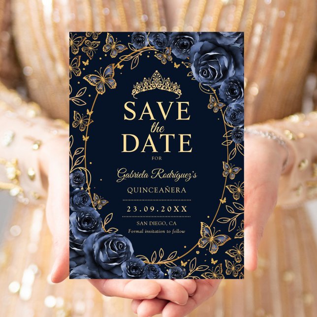 Navyblå Guld Quinceanera Blommig Spara Datumet (Skapare uppladdad)