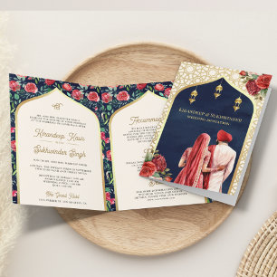 Navyblå guld röd blomster- All in One Sikh bröllop Inbjudan