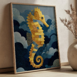 Navyblå & Guld Sjähäst Kintsugi Marin Konst Poster