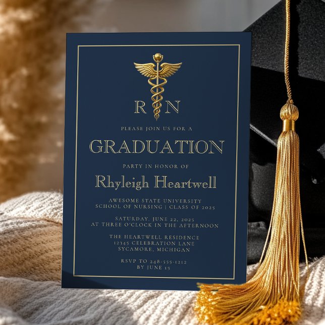 Navyblå Guld Sjuksköterska RN Examenfest Inbjudningar (Skapare uppladdad)