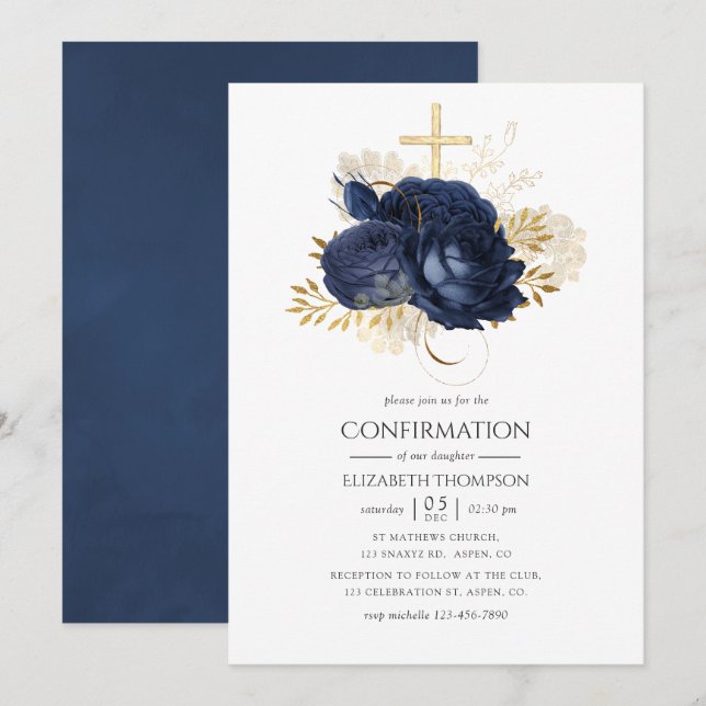 Navyblå & guld vintage shabby rosor konfirmation inbjudningar (Fram/baksida)