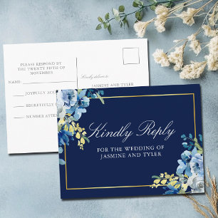 Navyblå guldblommig elegant bröllops-RSVP Vykort