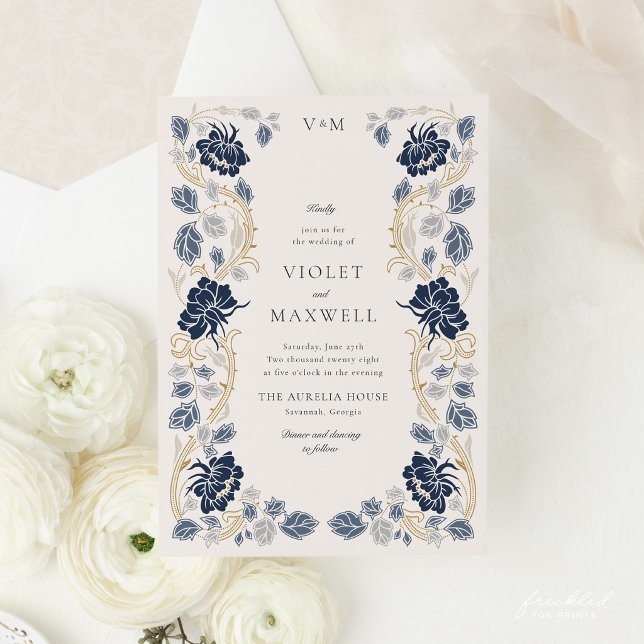 Navyblå guldblommig jugendbröllop inbjudningar (Navy Blue Gold Floral Art Nouveau Wedding Invitation)