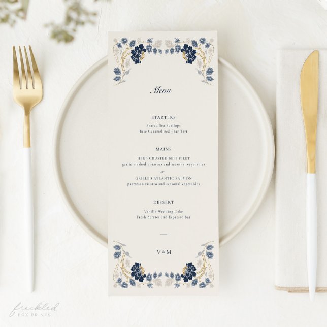 Navyblå guldblommig jugendstil bröllop meny (Navy blue and gold Art Nouveau Menu)
