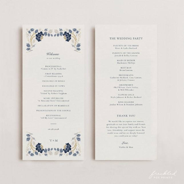 Navyblå guldblommig jugendstil bröllop program (Navy Blue and Gold Art Nouveau Wedding Program)