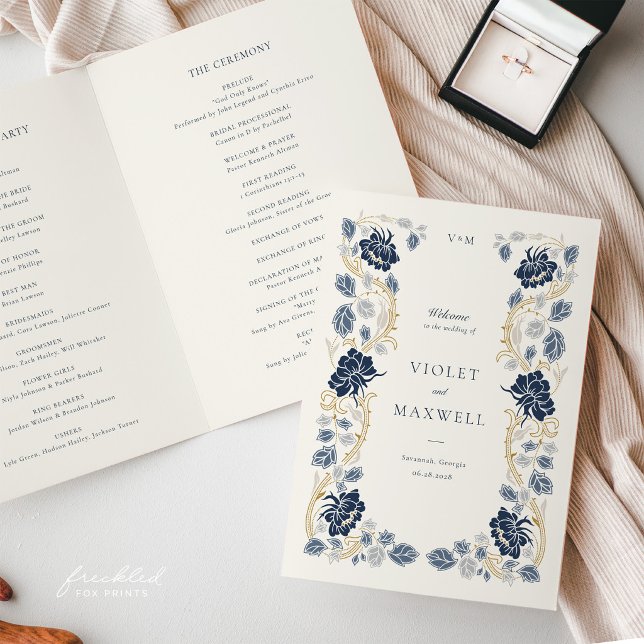 Navyblå guldblommig jugendstil bröllop program (Navy Blue and Gold Art Nouveau Wedding Program Booklet)
