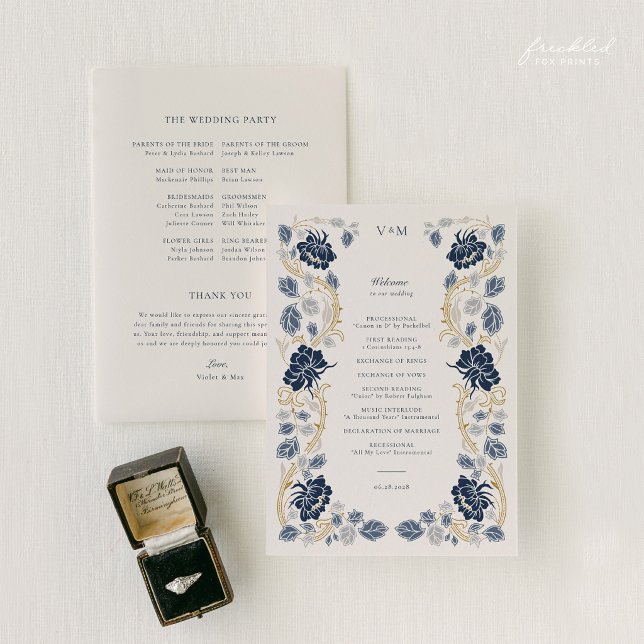 Navyblå guldblommig jugendstil bröllop program (Navy and Gold Floral Art Nouveau Wedding Program)